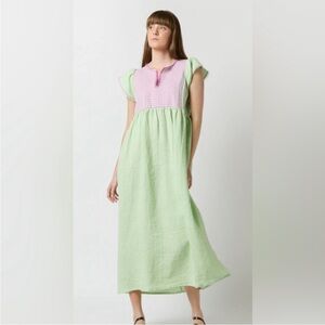 Nina Leuca Jilly Linen Cotton Maxi Dress Green Pink Handmade Medium Large EUC